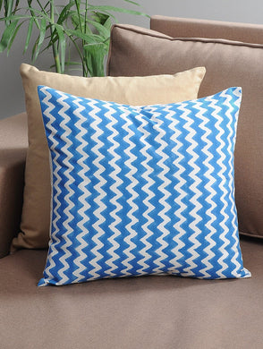 Blue Zigzag Cushion Cover Hand Block Printed Cotton - MYYRA