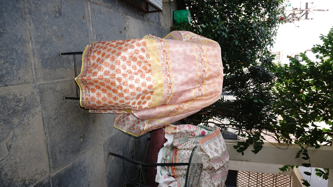 Hand block printed organic cotton textiles air-drying at the Myyra workshop in Jaipur