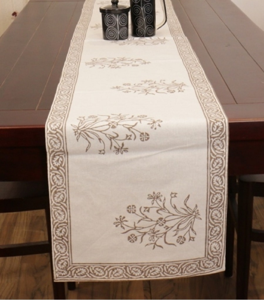 Close-up of hand block print on organic cotton table runner | Myyra Jaipur