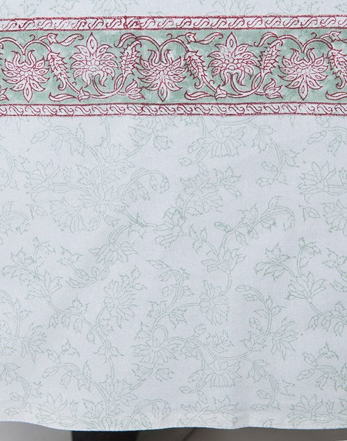 Close-up of hand block print on organic cotton table cover | Myyra Jaipur