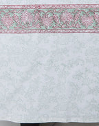 Close-up of hand block print on organic cotton table cover | Myyra Jaipur