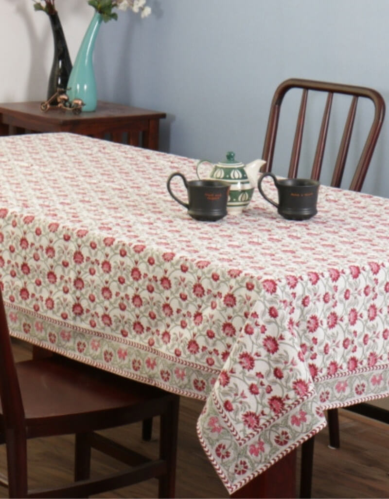 Close-up of hand block print on organic cotton table cover | Myyra Jaipur