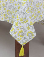 Close-up of hand block print on organic cotton table cover | Myyra Jaipur