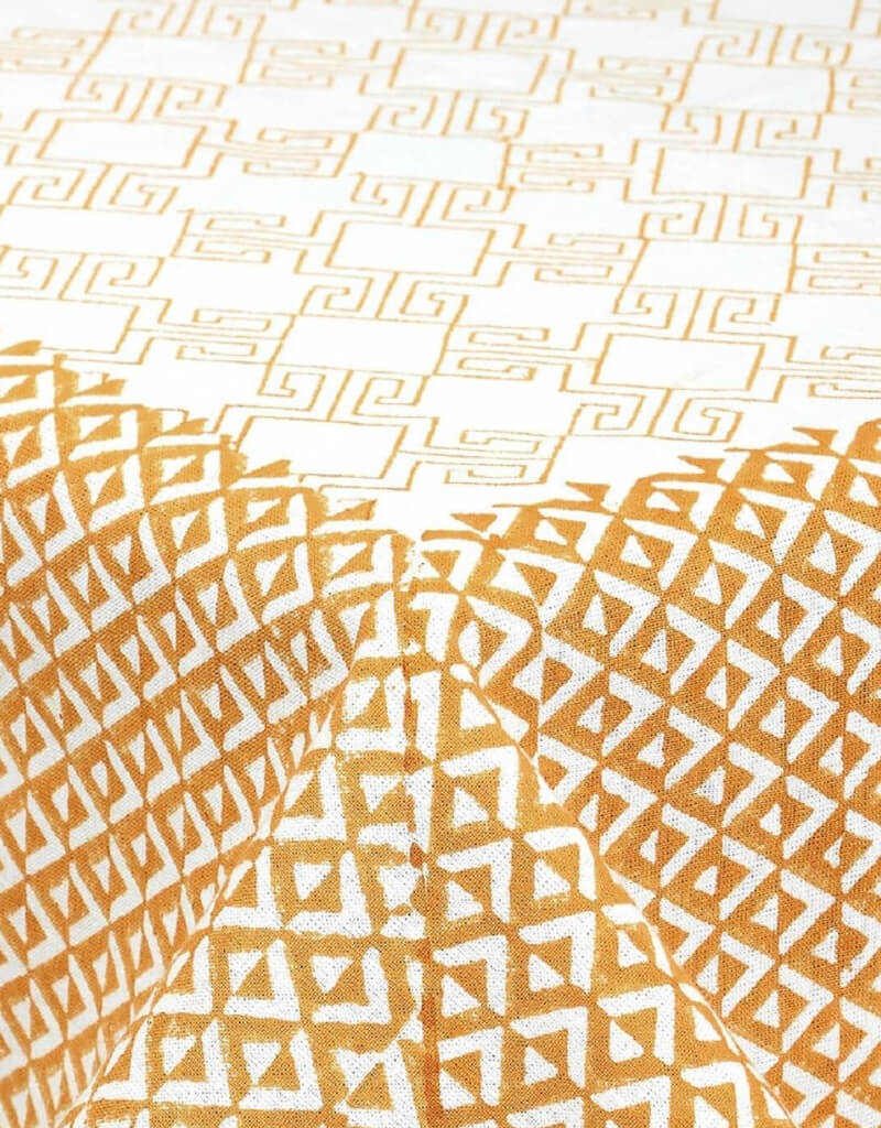 Close-up of hand block print on organic cotton table cover | Myyra Jaipur