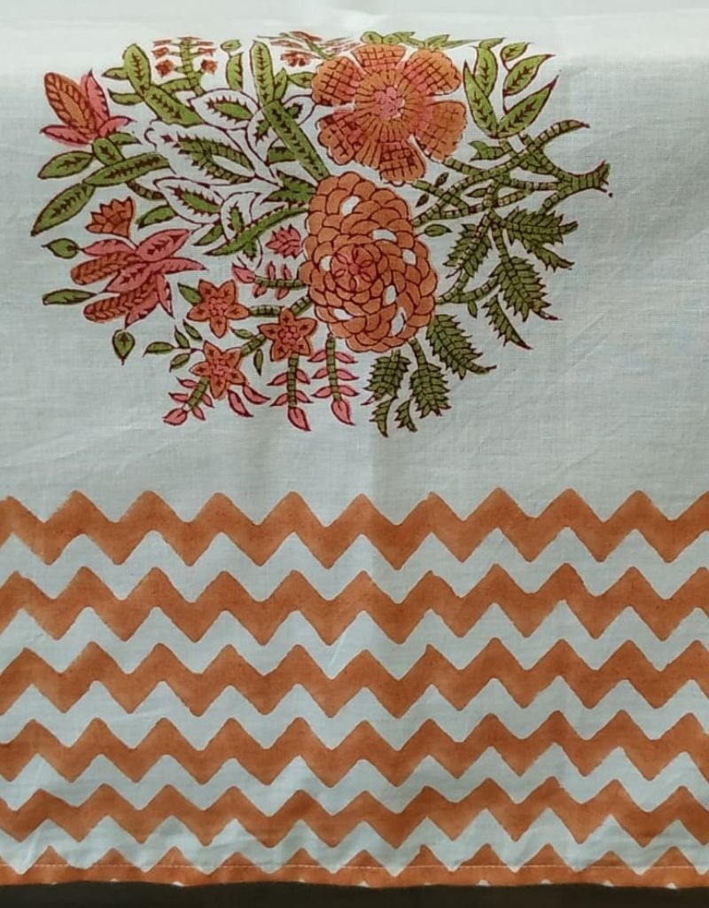 Close-up of hand block print on organic cotton table cover | Myyra Jaipur