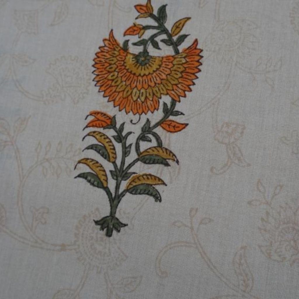 Close-up of hand block print on organic cotton running fabric | Myyra Jaipur
