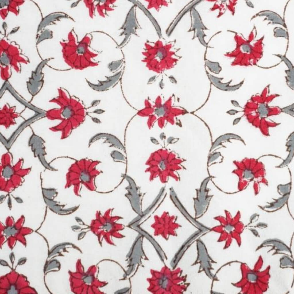 Close-up of hand block print on organic cotton running fabric | Myyra Jaipur