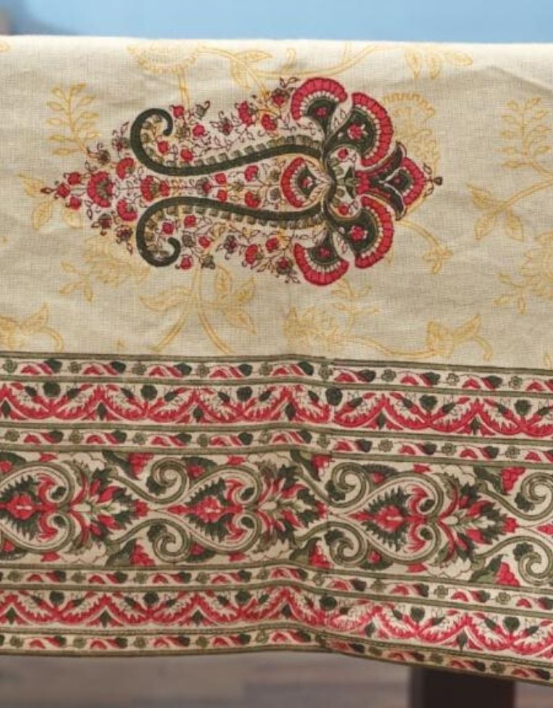 Close-up of hand block print on organic cotton table cover | Myyra Jaipur
