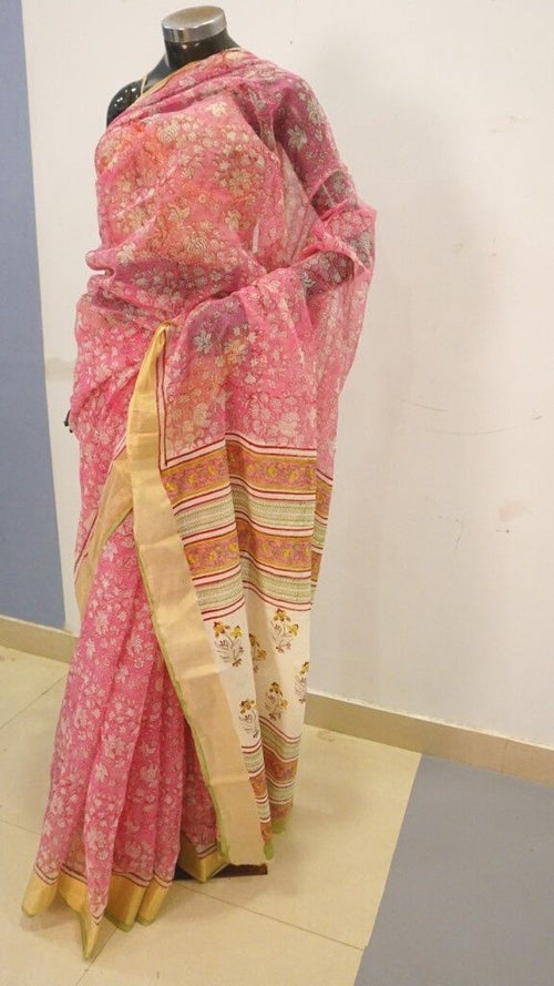 Blush Pink Floral Jaal Hand Block Printed Cotton Saree
