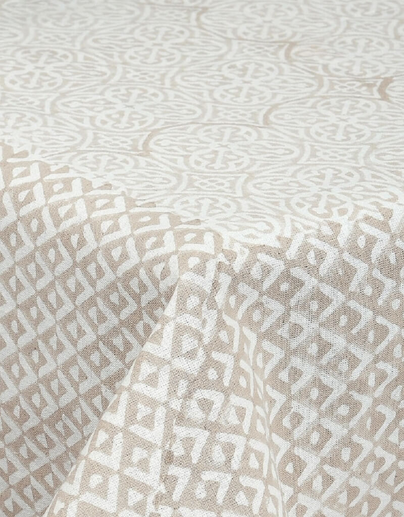 Close-up of hand block print on organic cotton table cover | Myyra Jaipur