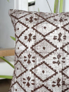 Close-up of hand block print on organic cotton cushion cover | Myyra Jaipur