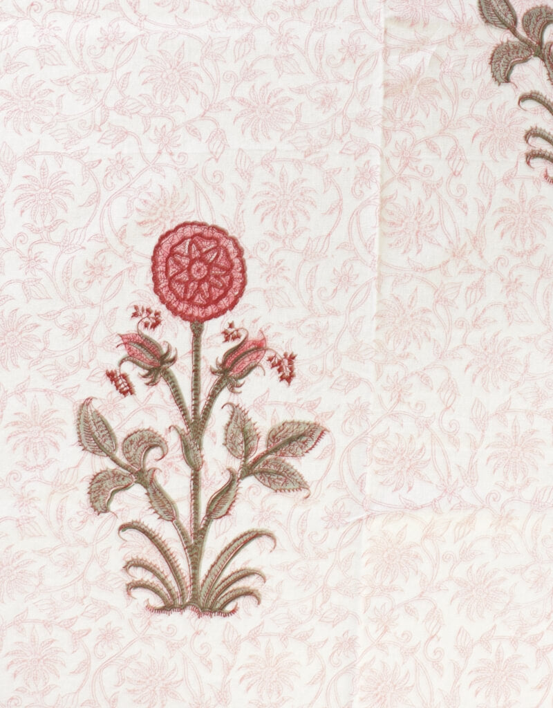 Close-up of hand block print on organic cotton table cover | Myyra Jaipur