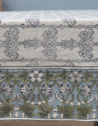 Close-up of hand block print on organic cotton table cover | Myyra Jaipur
