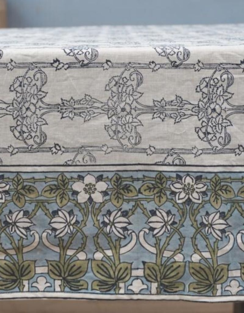 Close-up of hand block print on organic cotton table cover | Myyra Jaipur