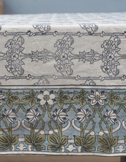 Close-up of hand block print on organic cotton table cover | Myyra Jaipur