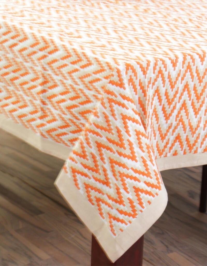 Hand block printed organic cotton table cover with ikat pattern | Myyra Jaipur