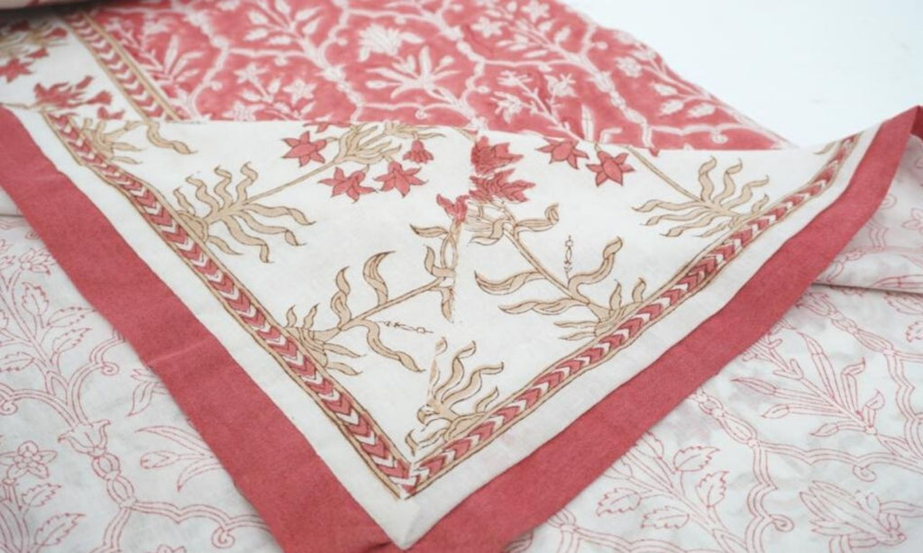 Close-up of hand block print on organic cotton dohar (lightweight cotton quilt) | Myyra Jaipur