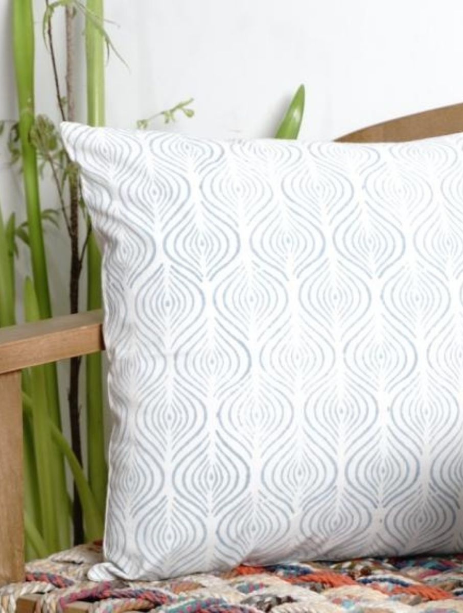Close-up of hand block print on organic cotton cushion cover | Myyra Jaipur