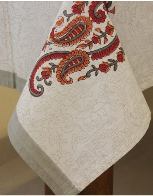 Close-up of hand block print on organic cotton table cover | Myyra Jaipur