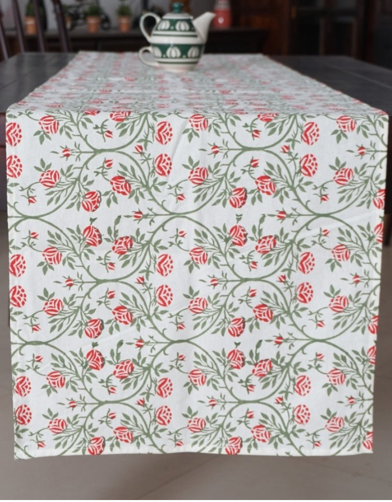Close-up of hand block print on organic cotton table runner | Myyra Jaipur