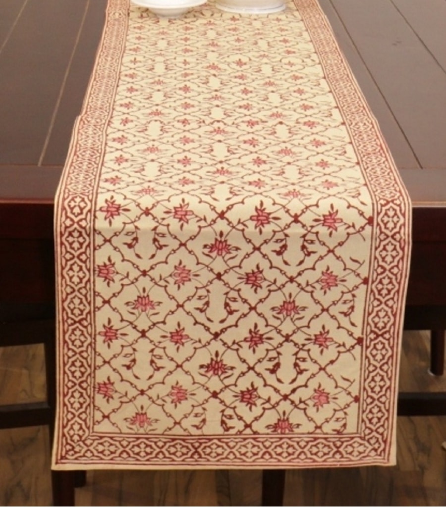 Close-up of hand block print on organic cotton table runner | Myyra Jaipur