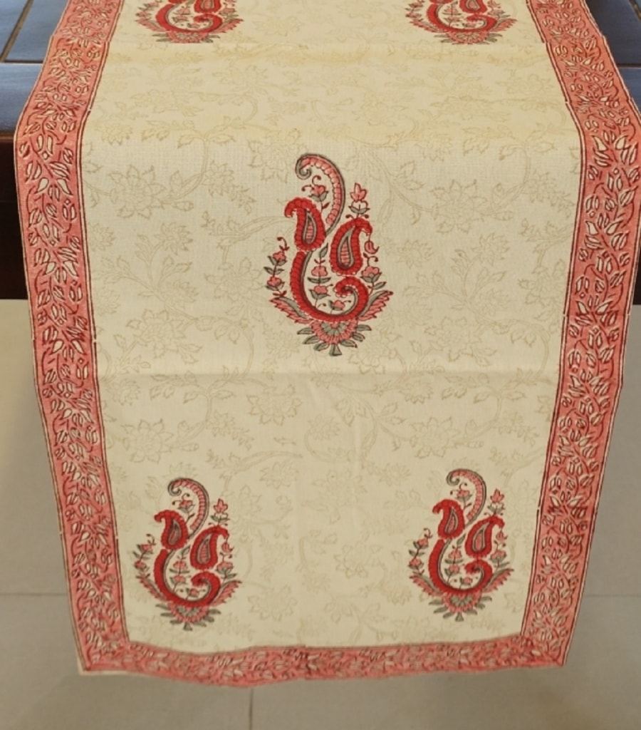 Close-up of hand block print on organic cotton table runner | Myyra Jaipur