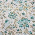Close-up of hand block print on organic cotton running fabric | Myyra Jaipur