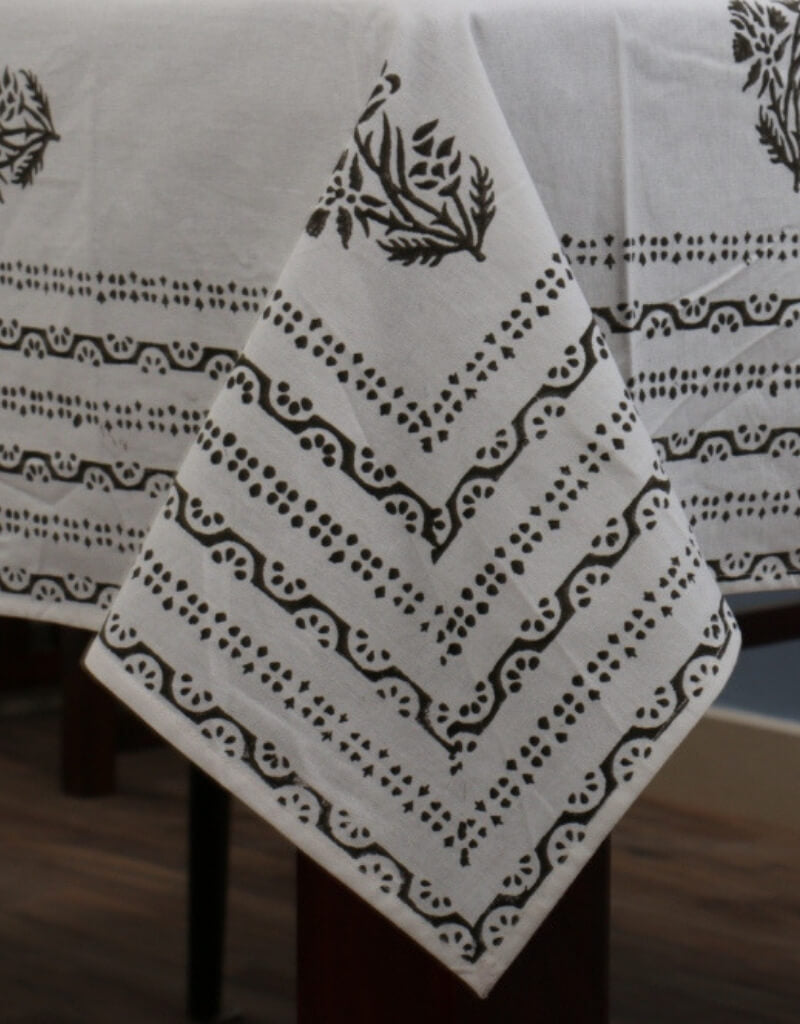 Close-up of hand block print on organic cotton table cover | Myyra Jaipur