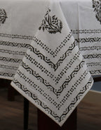 Close-up of hand block print on organic cotton table cover | Myyra Jaipur