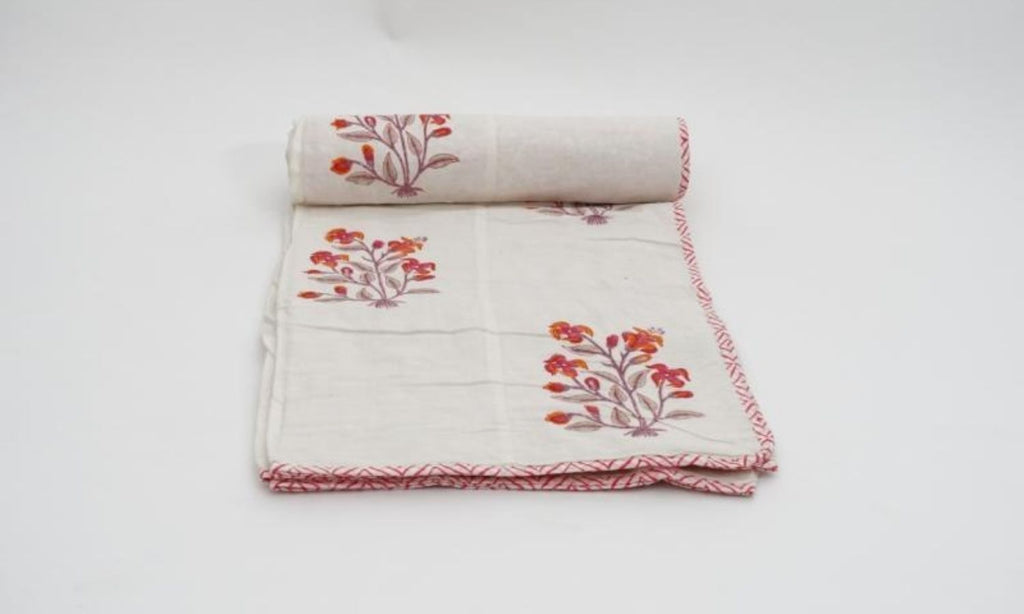 Close-up of hand block print on organic cotton dohar (lightweight cotton quilt) | Myyra Jaipur