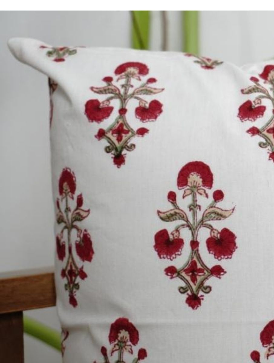 Close-up of hand block print on organic cotton cushion cover | Myyra Jaipur