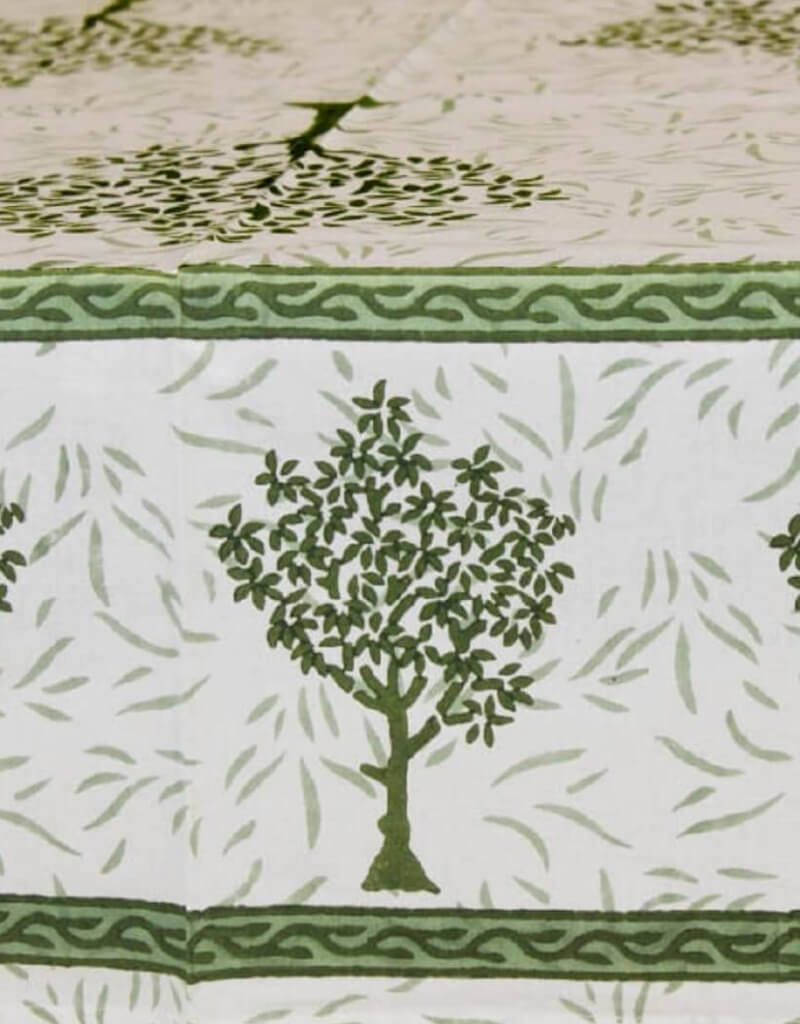 Close-up of hand block print on organic cotton table cover | Myyra Jaipur