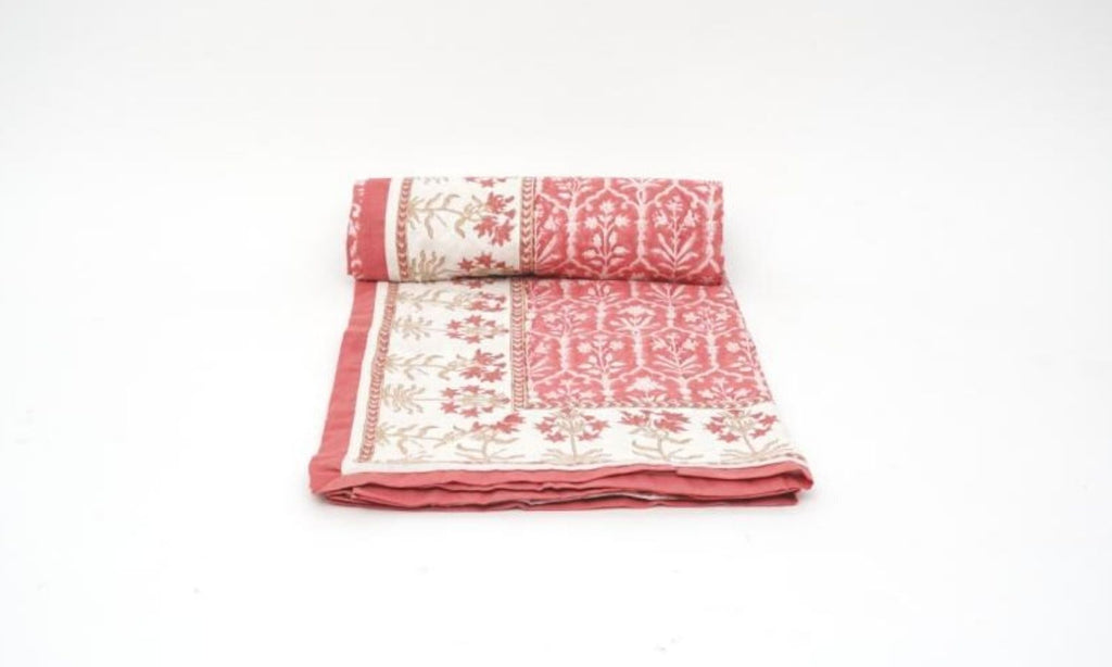 Close-up of hand block print on organic cotton dohar (lightweight cotton quilt) | Myyra Jaipur