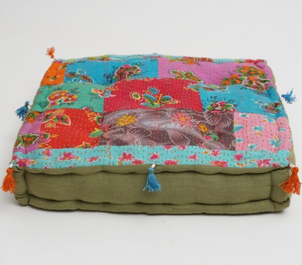 Close-up of hand block print on organic cotton floor cushion | Myyra Jaipur