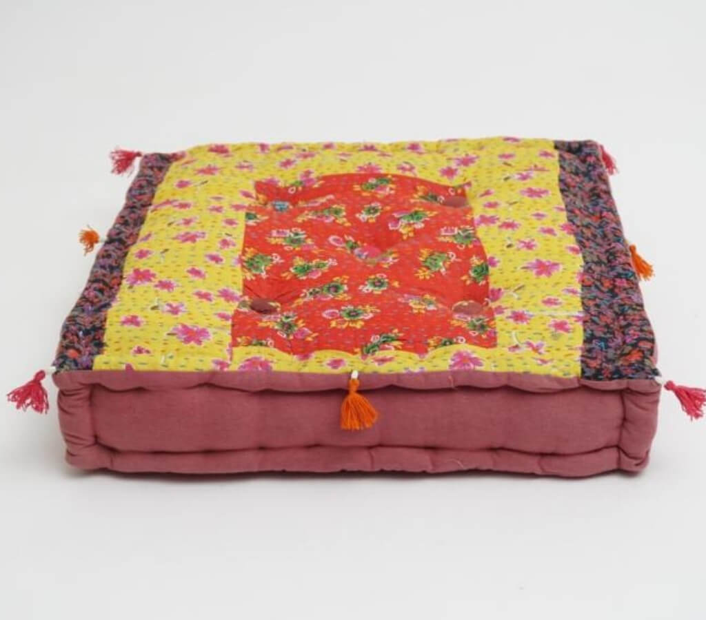 Close-up of hand block print on organic cotton floor cushion | Myyra Jaipur