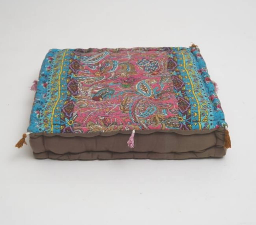 Close-up of hand block print on organic cotton floor cushion | Myyra Jaipur