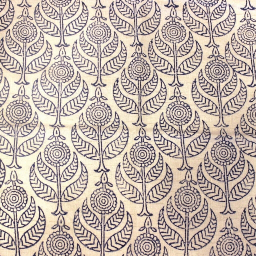 Close-up of hand block print on organic cotton running fabric | Myyra Jaipur