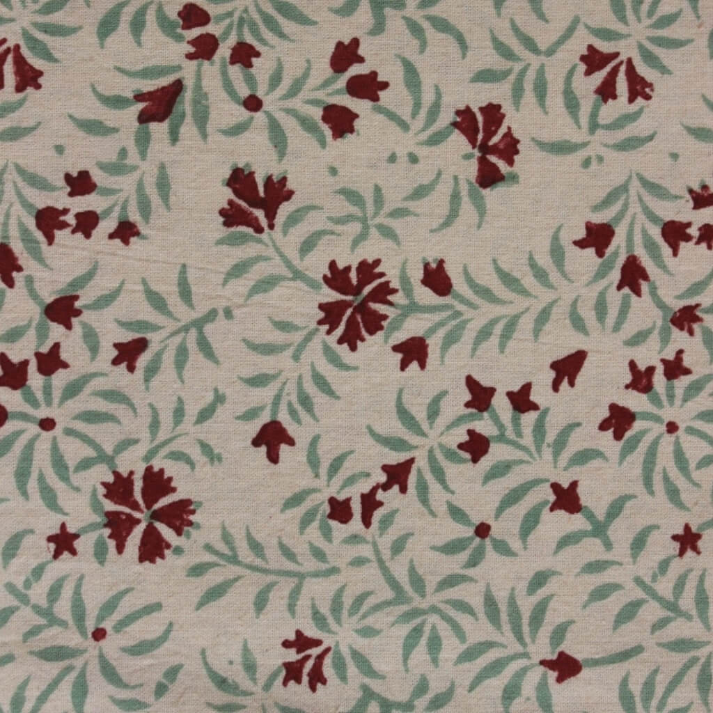 Close-up of hand block print on organic cotton running fabric | Myyra Jaipur