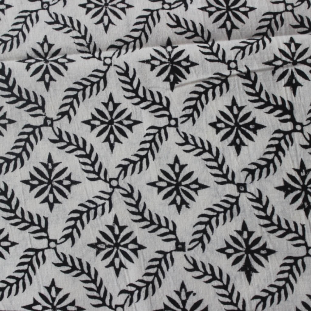 Folded hand block printed organic cotton yardage showing pattern repeat | Myyra Jaipur