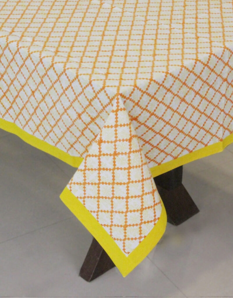 Yellow and orange hand block printed organic cotton table cover | Myyra Jaipur