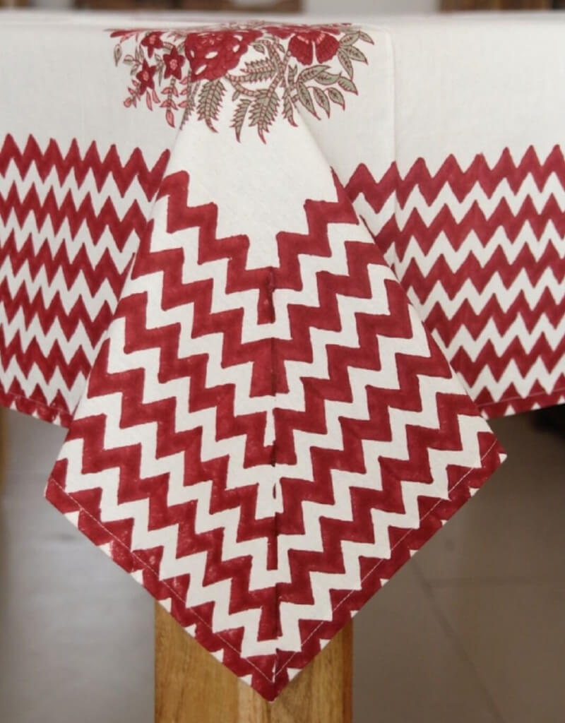 Close-up of hand block print on organic cotton table cover | Myyra Jaipur