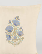 Close-up of embroidery on hand block printed cushion cover | Myyra Jaipur