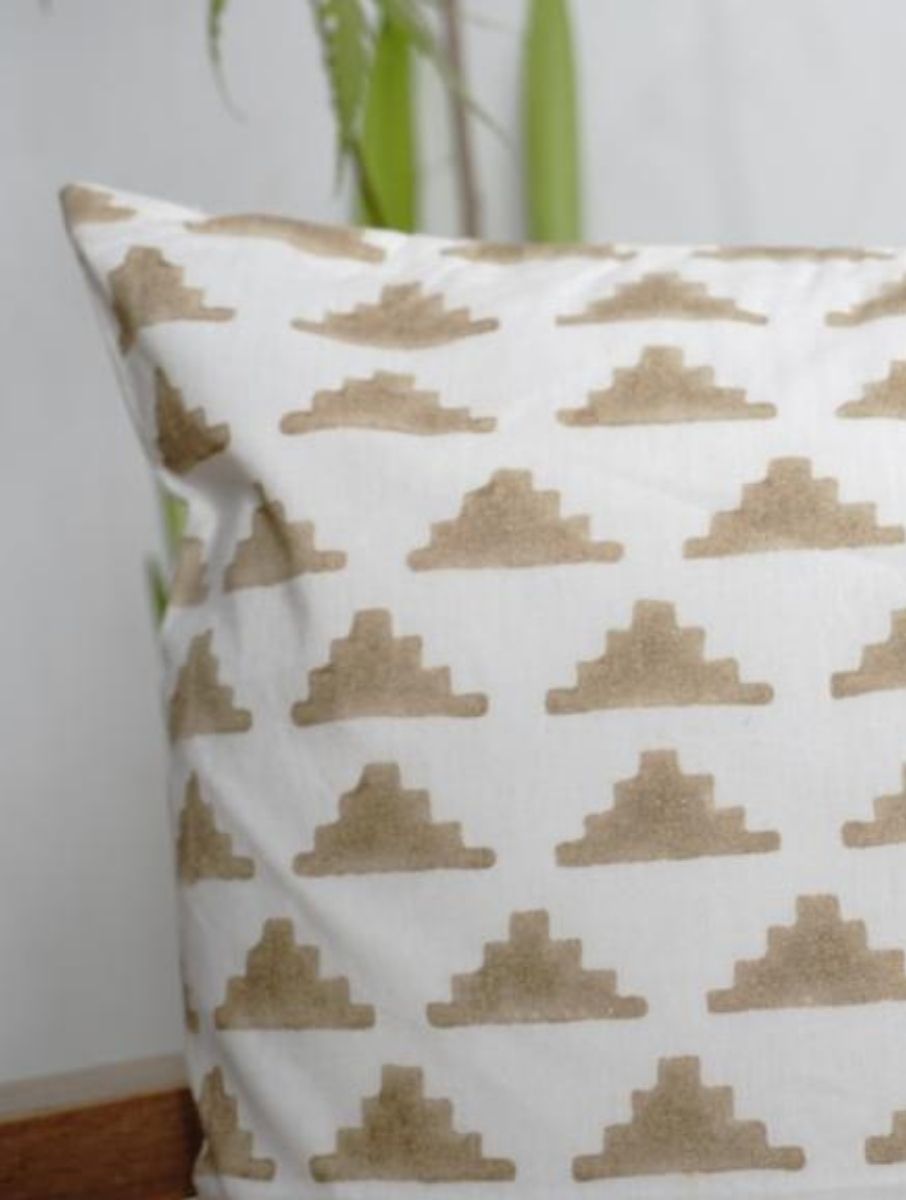 Close-up of hand block print on organic cotton cushion cover | Myyra Jaipur