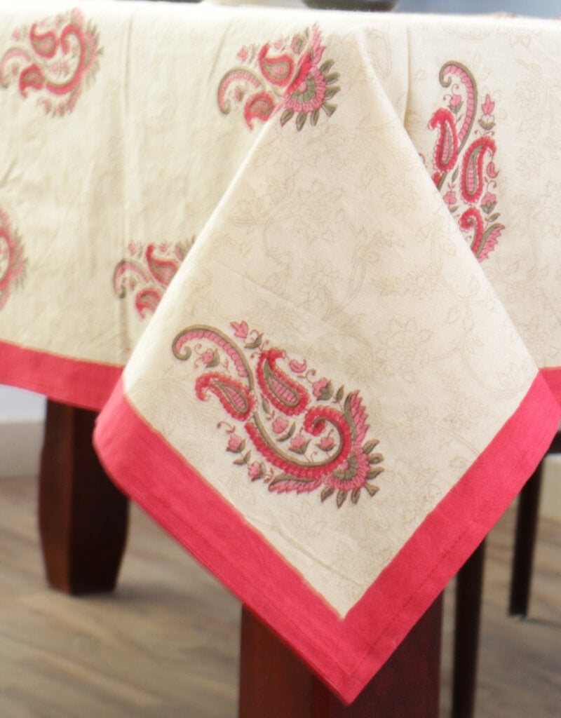 Close-up of hand block print on organic cotton table cover | Myyra Jaipur