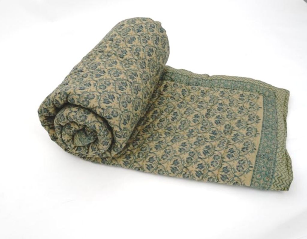 Close-up of hand block print on organic cotton quilt | Myyra Jaipur