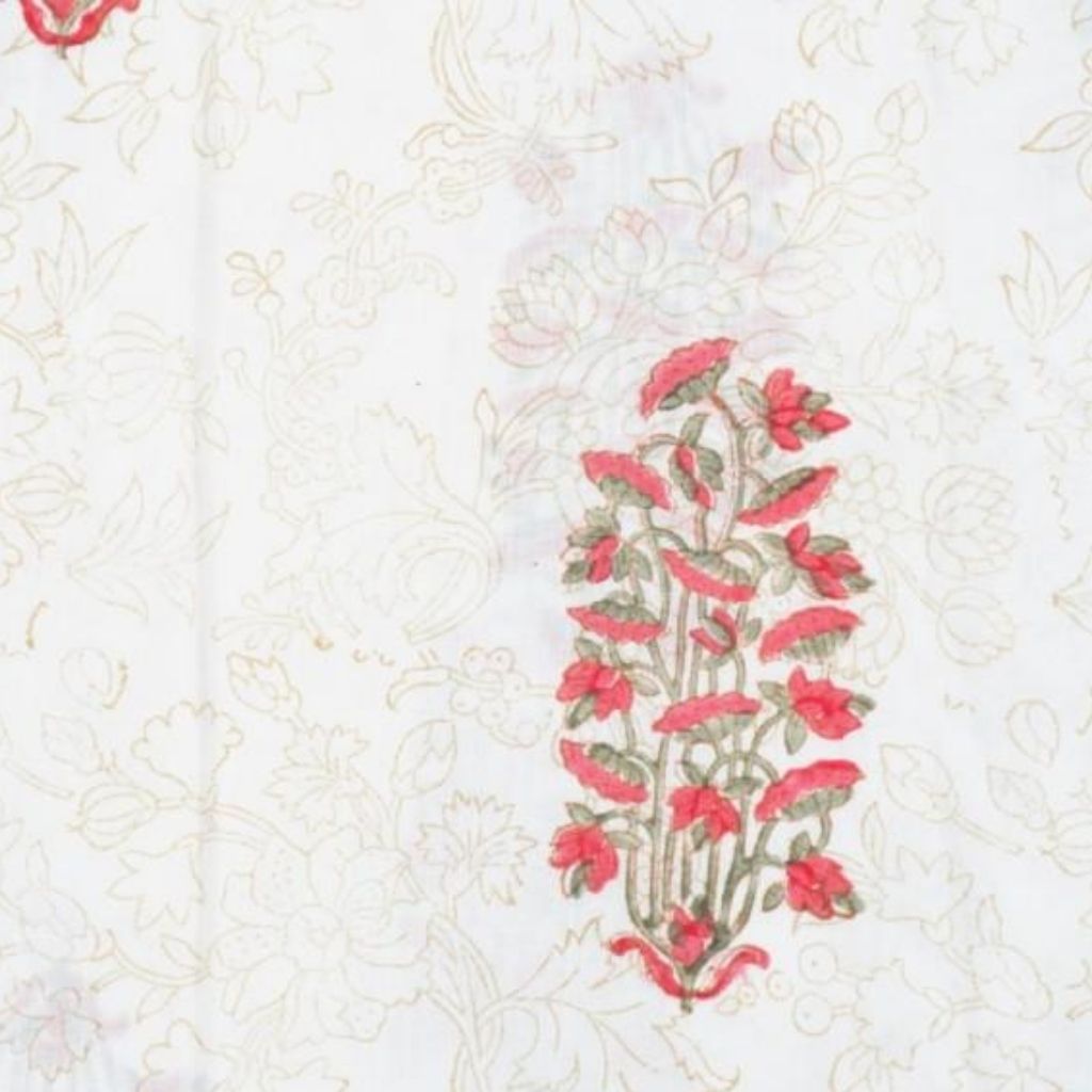 Close-up of hand block print on organic cotton running fabric | Myyra Jaipur