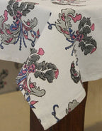 Close-up of hand block print on organic cotton table cover | Myyra Jaipur