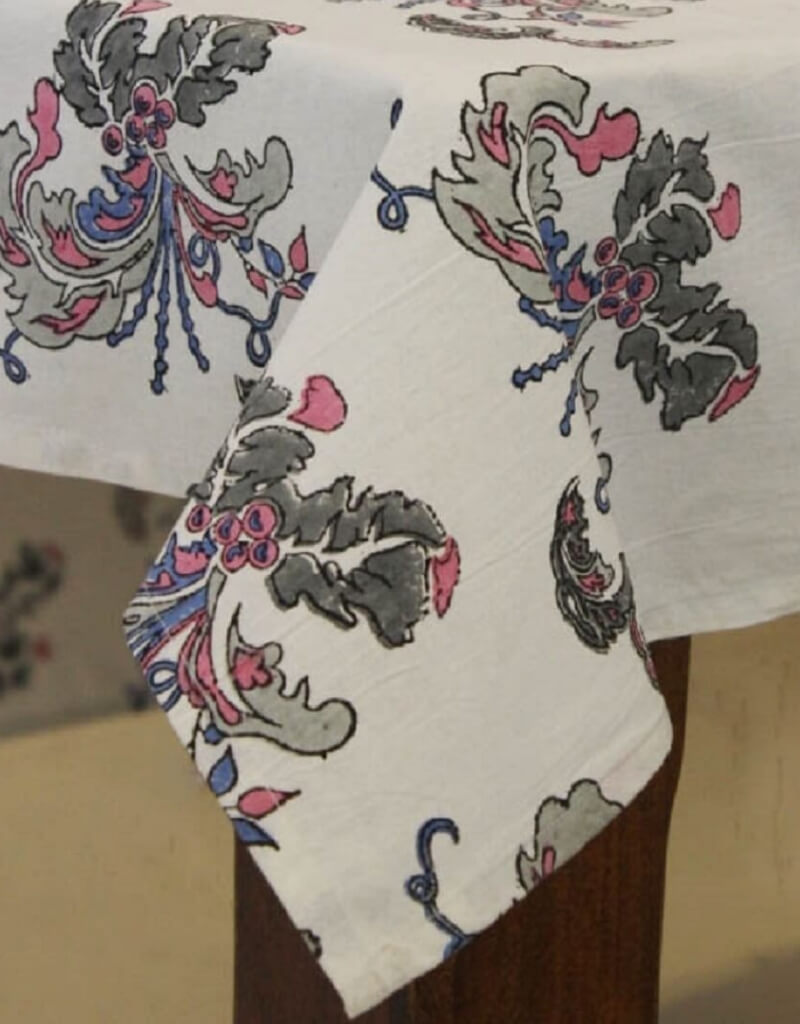 Close-up of hand block print on organic cotton table cover | Myyra Jaipur