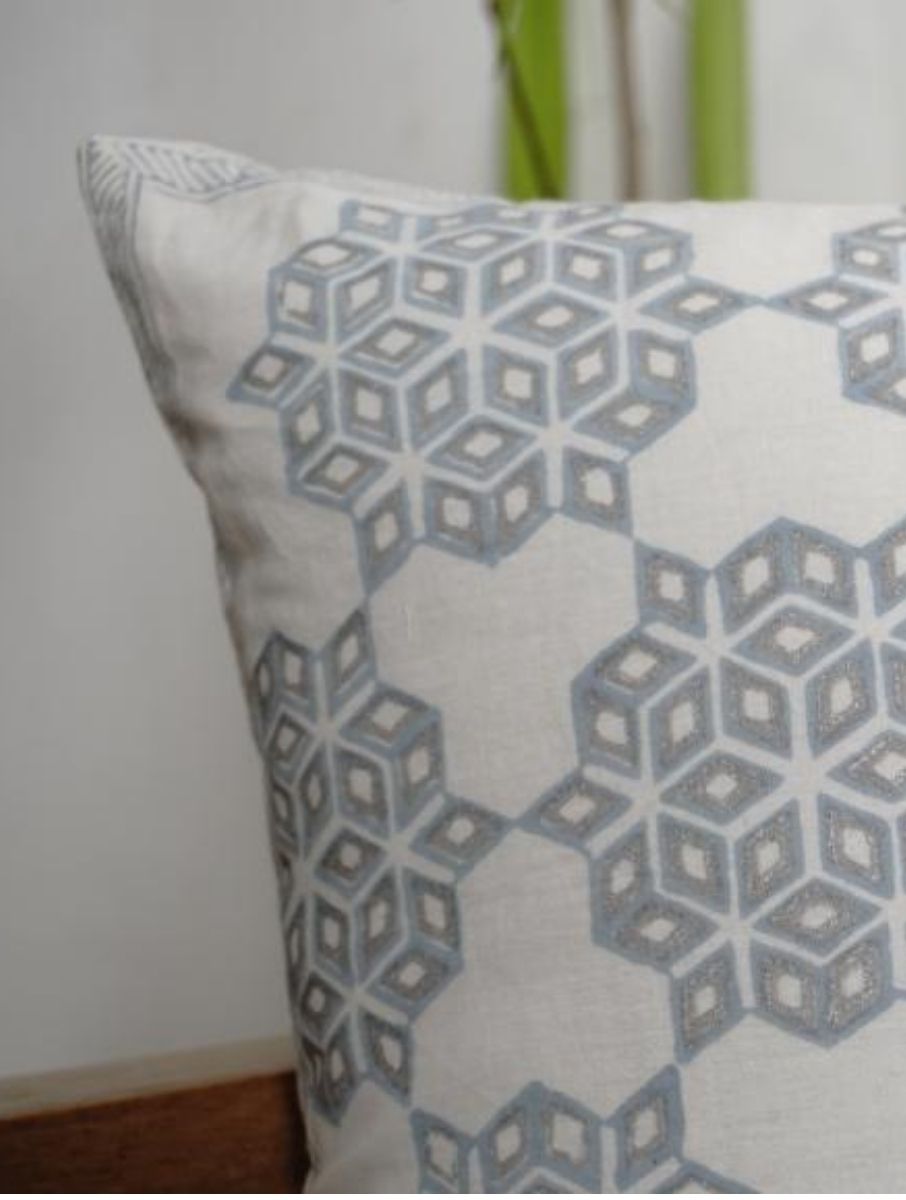 Close-up of hand block print on organic cotton cushion cover | Myyra Jaipur