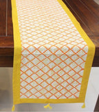 Close-up of hand block print on organic cotton table runner | Myyra Jaipur